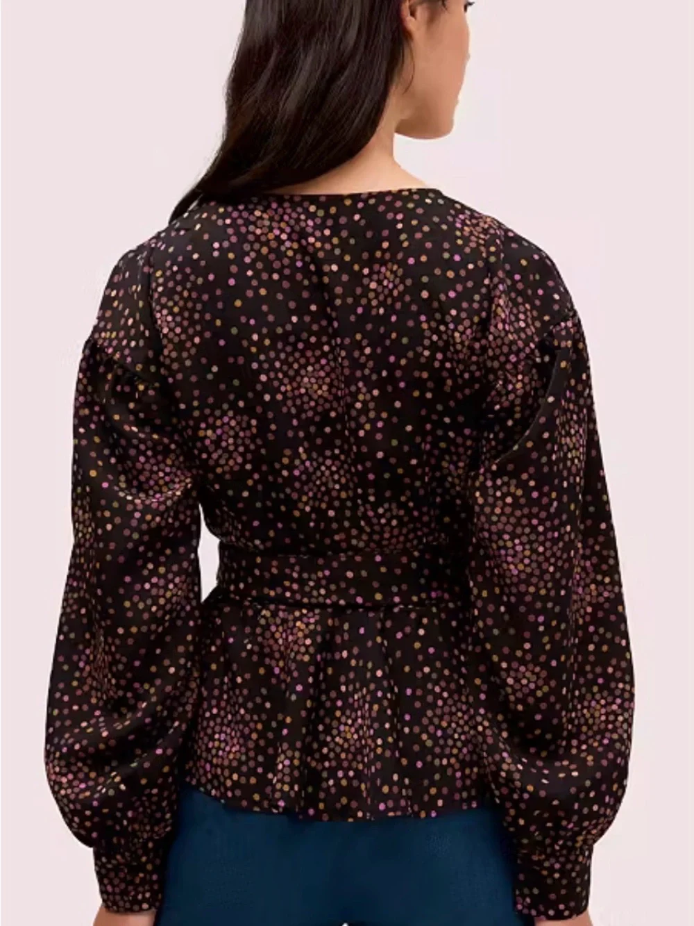 kate spade Disco Dot Wrap top Black Multicolor Dot V-Neck Peplum w/belt